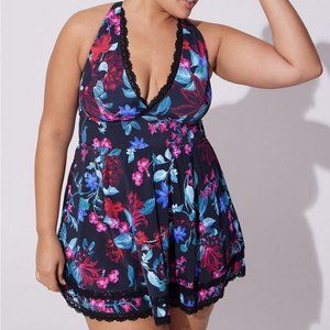 NWT Torrid Wireless Mid Lace Trimmed Swim Dress With Brief: Mystical Forest